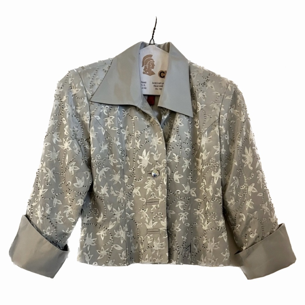 JS Collections Silver Beaded Embellished Skirt Suit Set Size 4